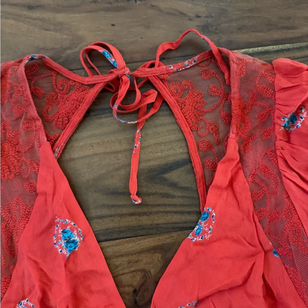 Free People Mockingbird Floral Cut Out Mini Dress Coral Red 2